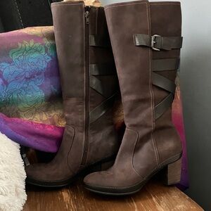 Clarks Brown Heeled Boots with Strap Detail